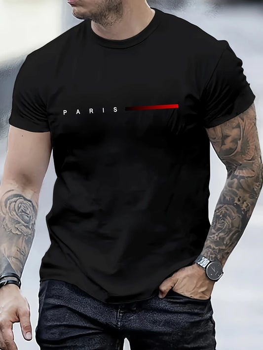 Men’s 100% Cotton Slim Fit Paris Letter Print T-Shirt – Summer Casual Round Neck Tee